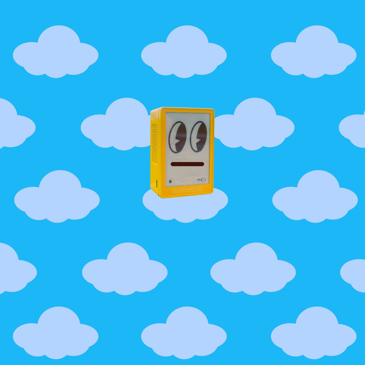 Happier Air monitor device with so-so , moderate air quality, smiley face display